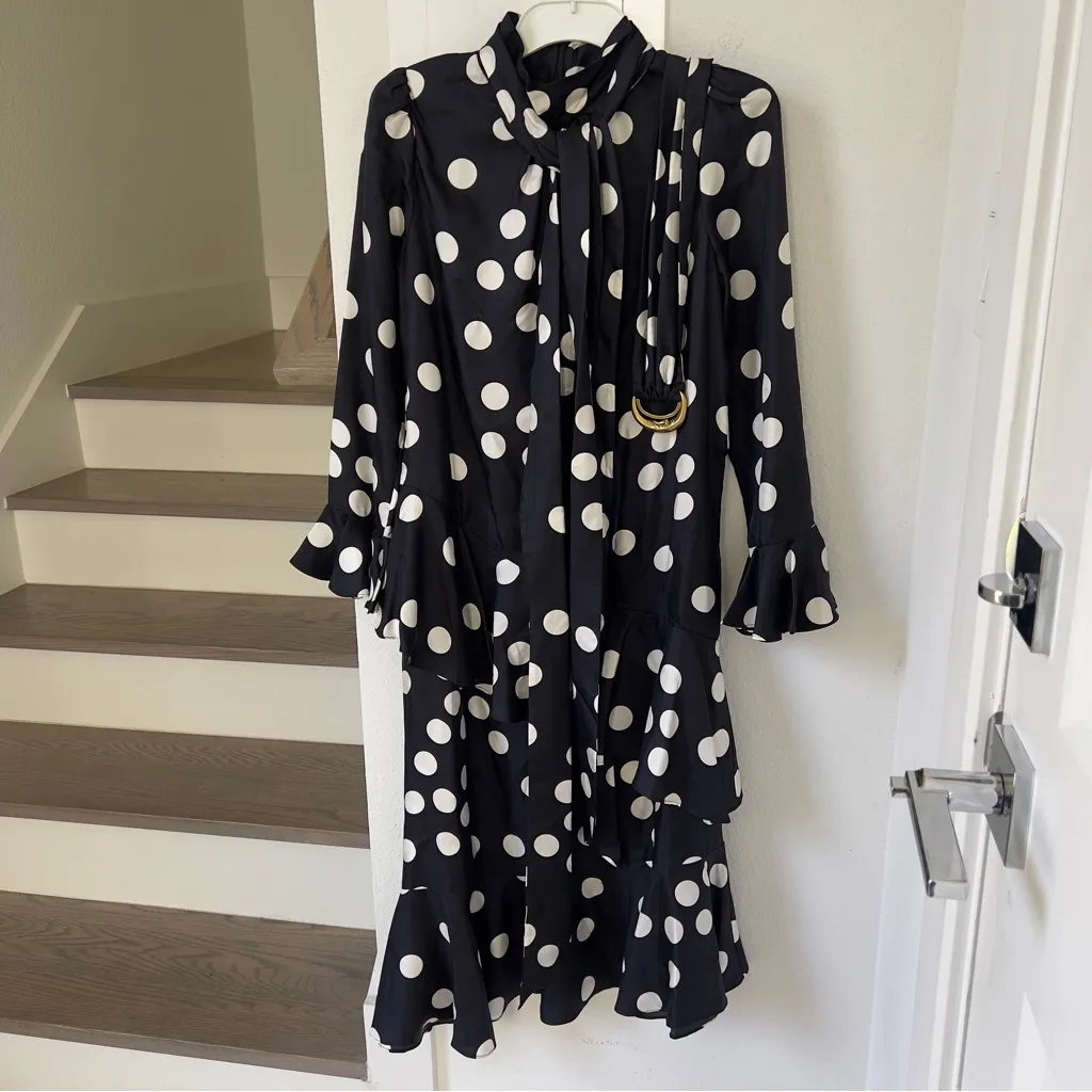 NWT Zimmermann Confetti Tie Neck Midi Dress in Black and Cream Polka Dots - Image 3