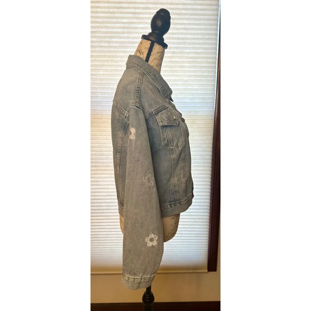 NWOT Miss Sparkling Small Cropped Embroidered w Flowers & Mushroom Jean Jacket Blue - Image 7