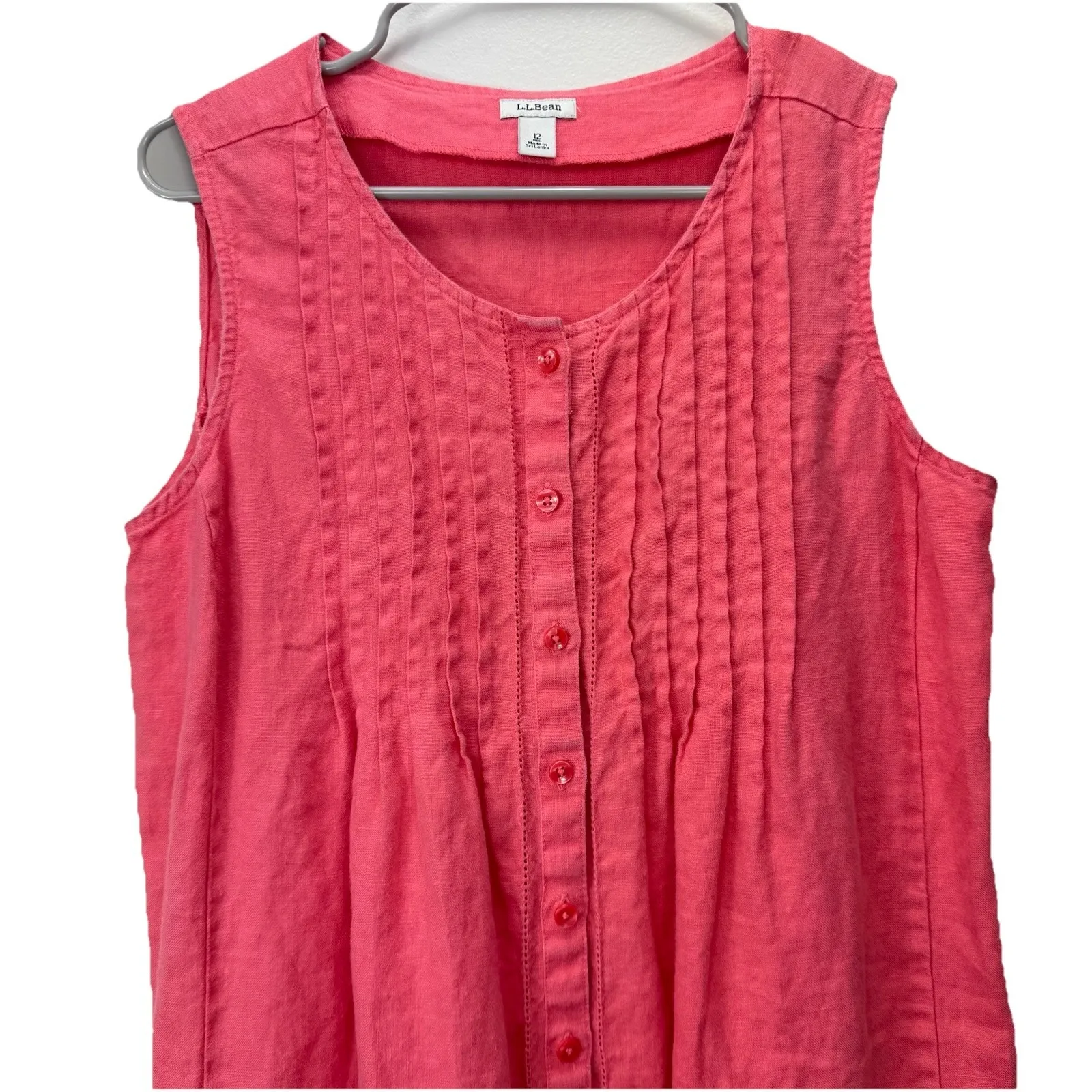 LL Bean Coral Pink Linen‎ Sleeveless A Line Button Dress Size 12 - Image 2