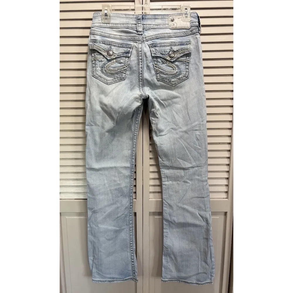 Silver Jeans Suki Surplus Low Rise Boot Light Wash Stitching Sz 26x32 Embroidery - Image 5