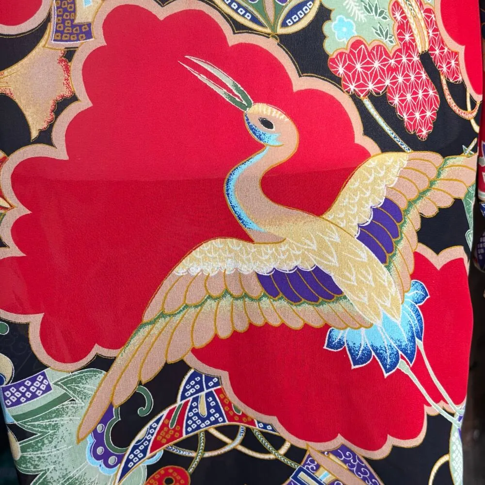 Vintage 90s Crane Print Dress Red Black Floral Asian Semi Sheer Long Sleeve - Image 11