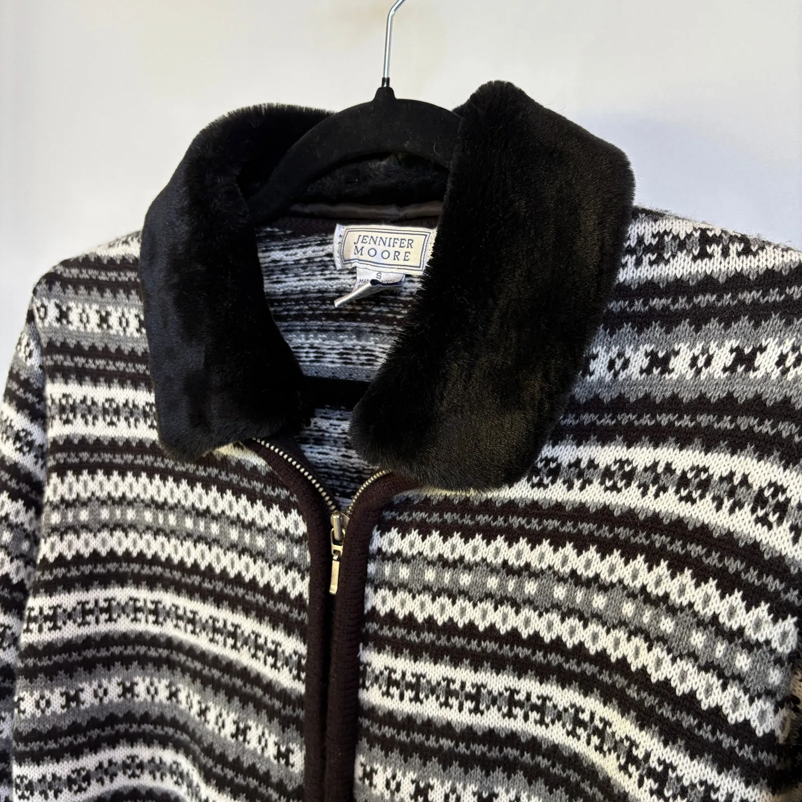 Vintage 90s Fair Isle Zip Up Cardigan Sweater Faux Fur Collar Black Ski Small - Image 2