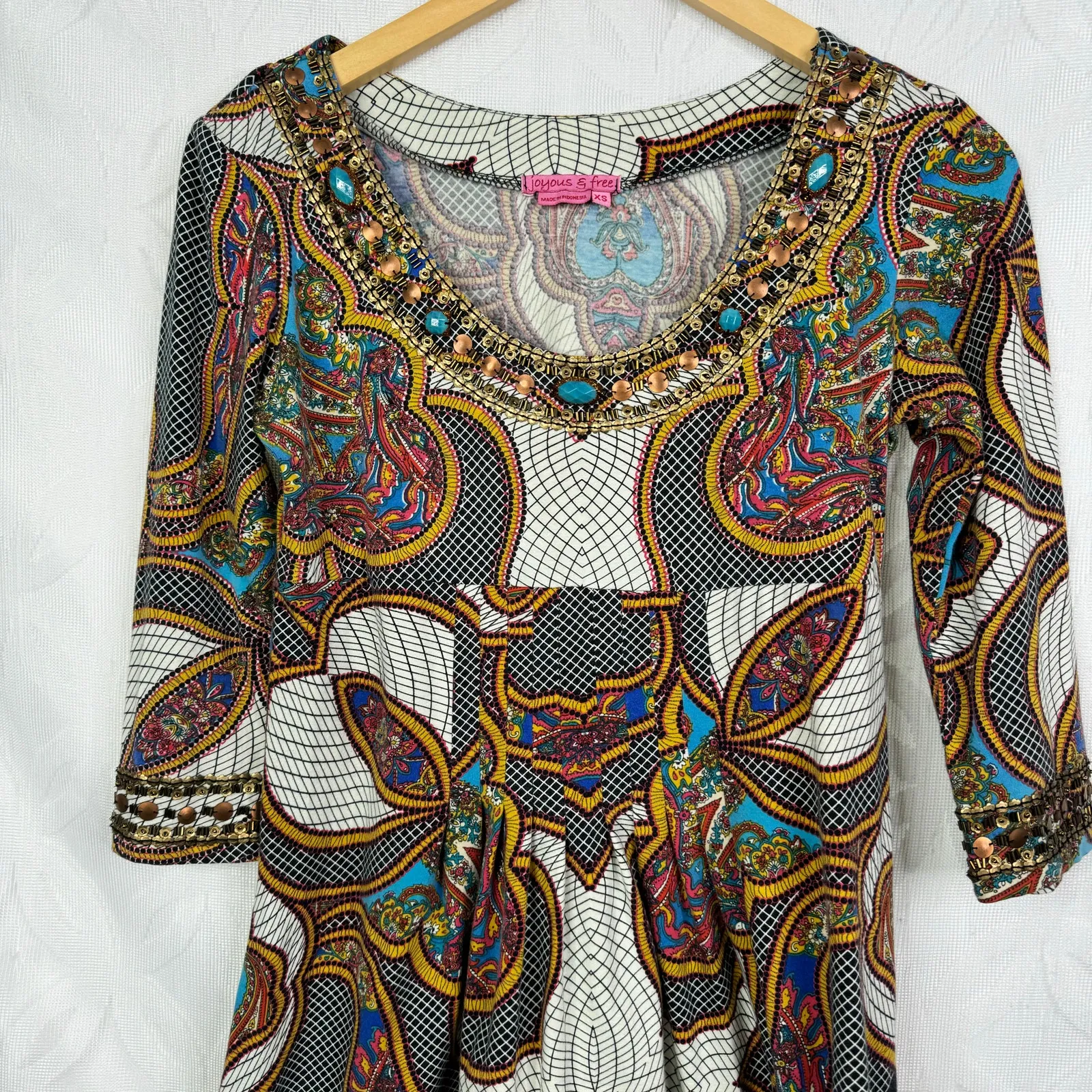 Joyous‎ & Free Beaded Boho Paisley Tunic Dress Size XS Brown - Image 5