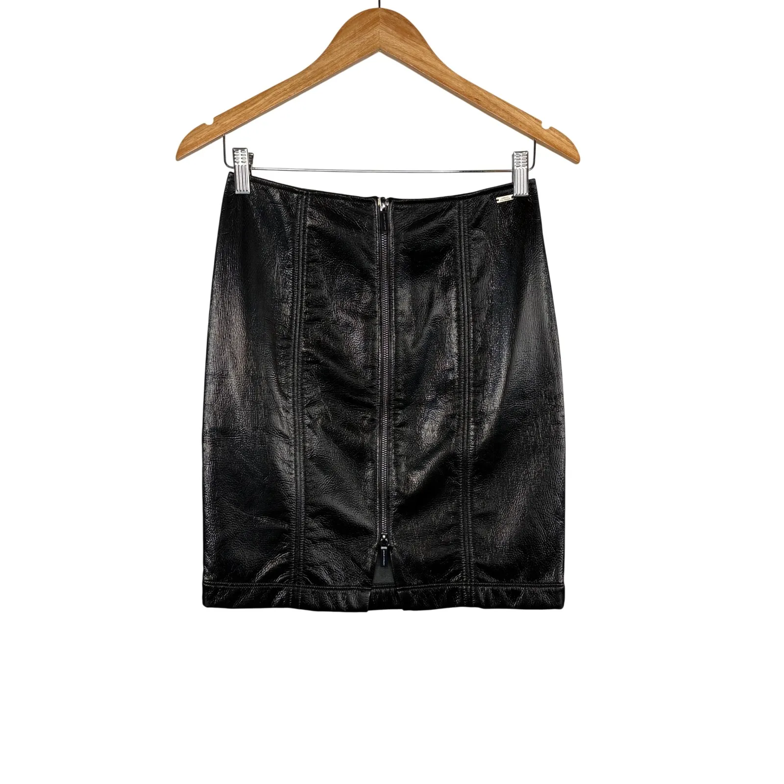 Armani Exchange Black Patent Vinyl High Waisted Zip Front Mini Skirt Size 4 NWT - Image 3