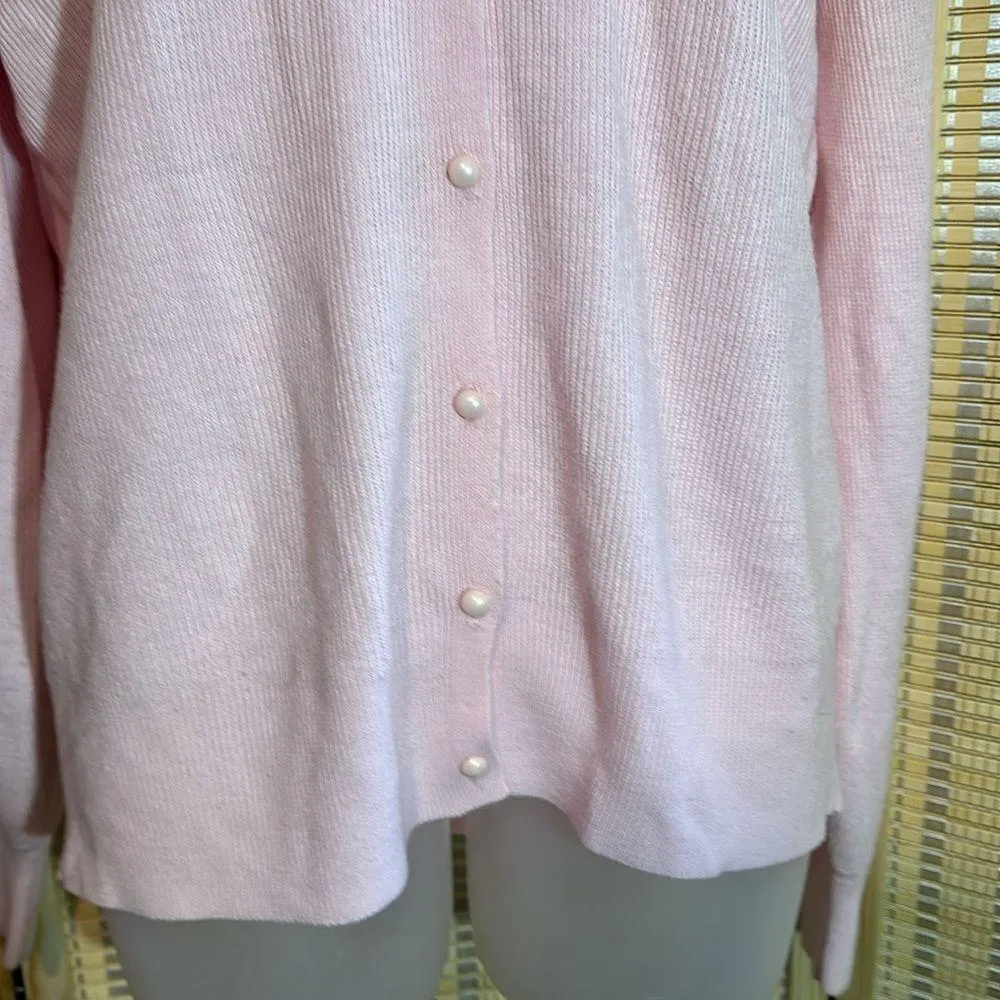 Elizabeth Williams Y2K Pale Pink Twinset Cardigan Thin Ribbed Sweater Medium - Image 3