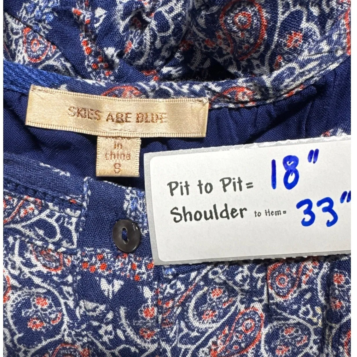 Skies Are Blue Cold Shoulder Dress Bohemian Print Casual Blue Size S - Image 3