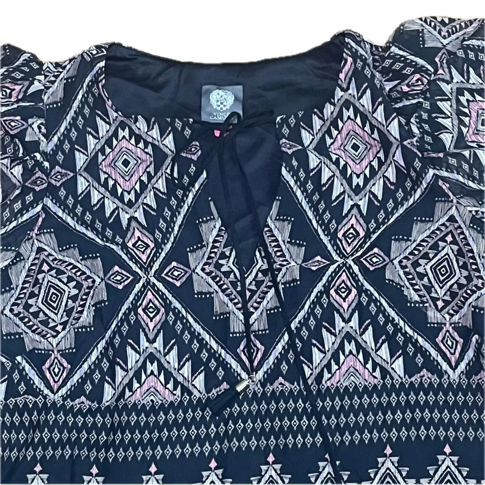 Vince Camuto Sheer Sleeve Geo Print Split Tie Neck Midi Dress Black Tan Sz 12 - Image 4