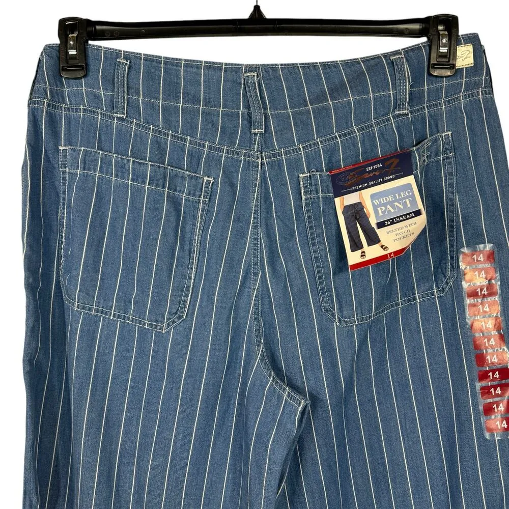 Seven7 SZ 14 Wide Leg Crop Pants Striped Chambray Pockets Hi-Rise Zip-Fly Blue - Image 5