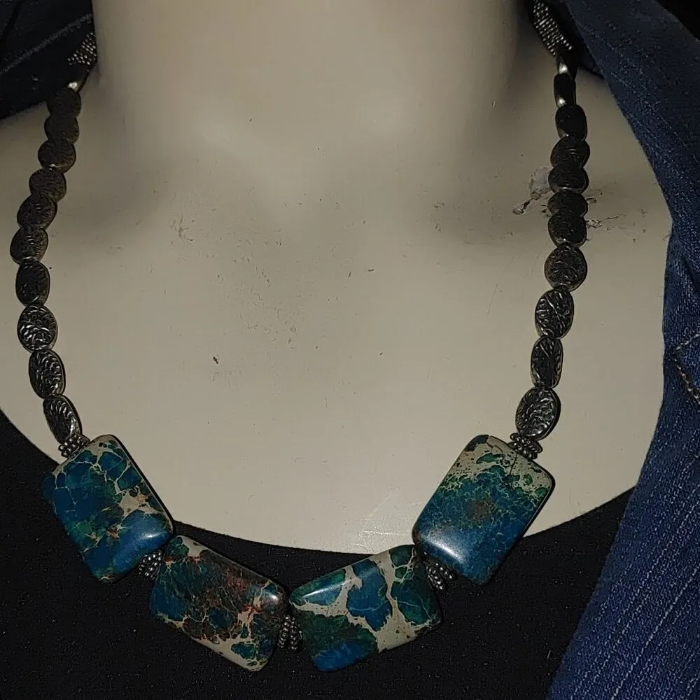 Vintage Silver Necklace Unknown Stone Brown Turquoise Tone Chunky Statement - Image 15