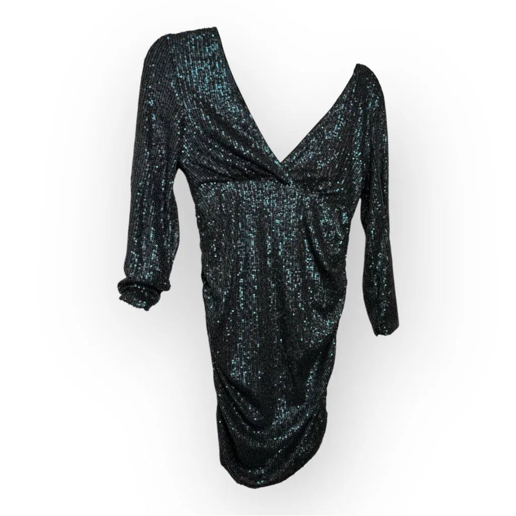 Altar’d State Dark Green Sequin Ruched V-Neck Mini Dress Formal Party S - Image 2