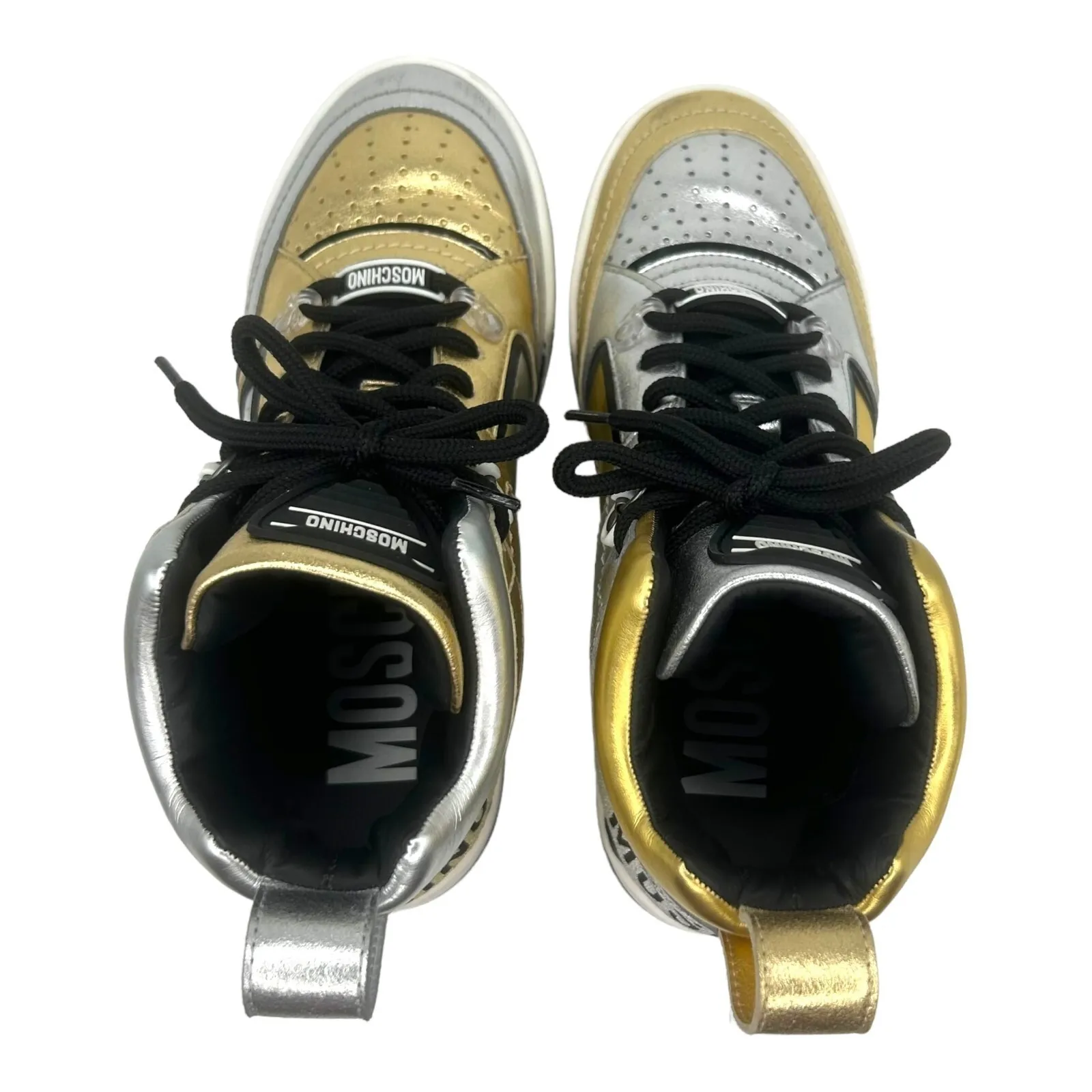 Moschino High Top Sneakers Gold Silver Metallic Leather Made in Italy Size 38 - Image 5