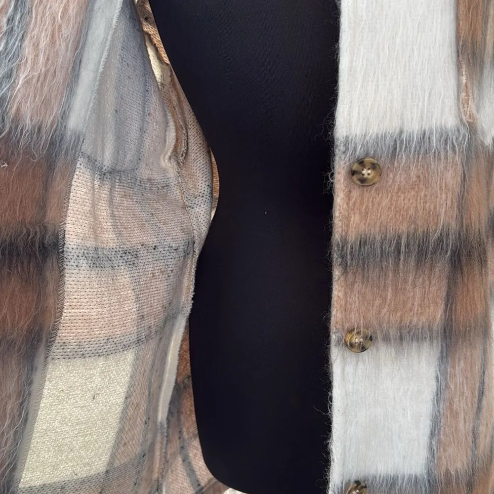 Plaid Mohair Shacket Striped Long Button Down Flannel Brown Size L - Image 6