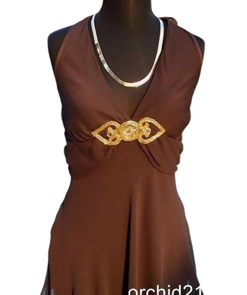 Cache Brown Ruched Plunging V Beaded Encrusted Halter Top M/L New Lined NWT $88 - Image 4