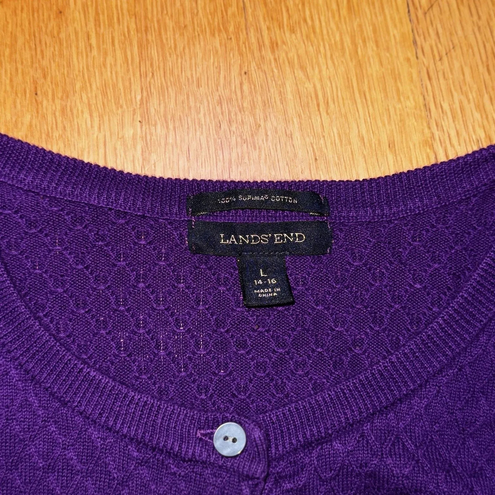 Land’s End Women’s 100% Supima Cotton Button Down Diamond Knit Cardigan Purple L - Image 5