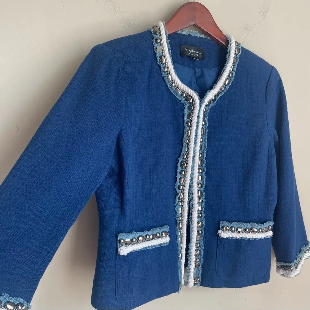 Katherine New York Navy Textured Embellished Jacket w/ Denim Detail Jacket Small Blue Size 6 - Image 3