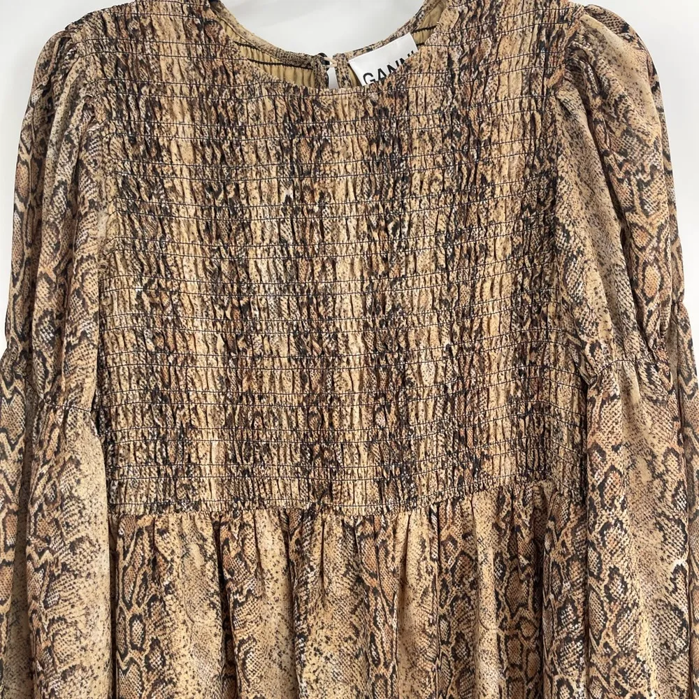 Ganni Long Sleeve Smocked Dress  Light Brown Snakeskin Print Size 38 Us Size 6 - Image 4