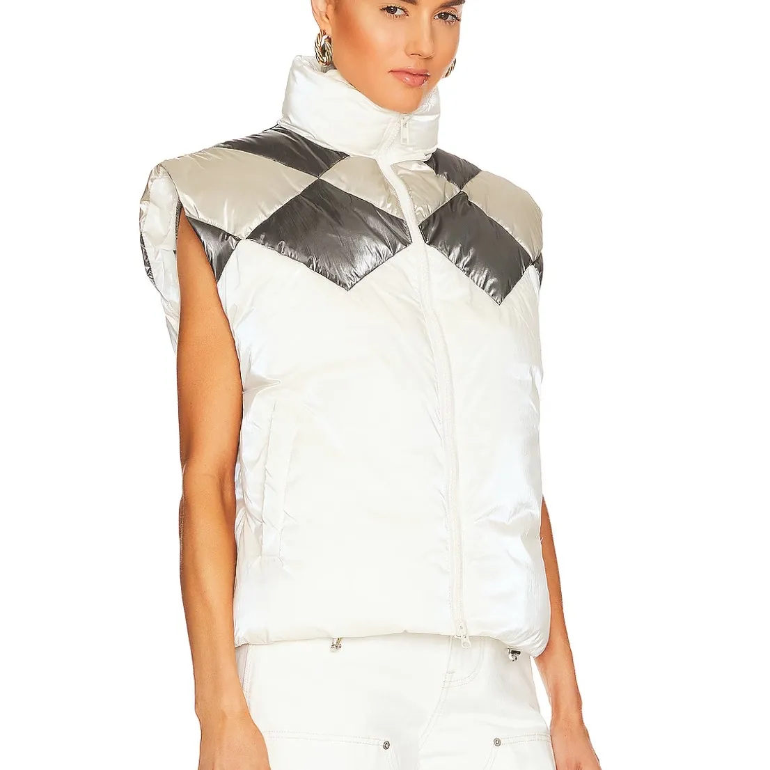 Revolve White Oversized Puffer Vest Silver SMALL Pockets Quilted Geometric $398 - Image 3