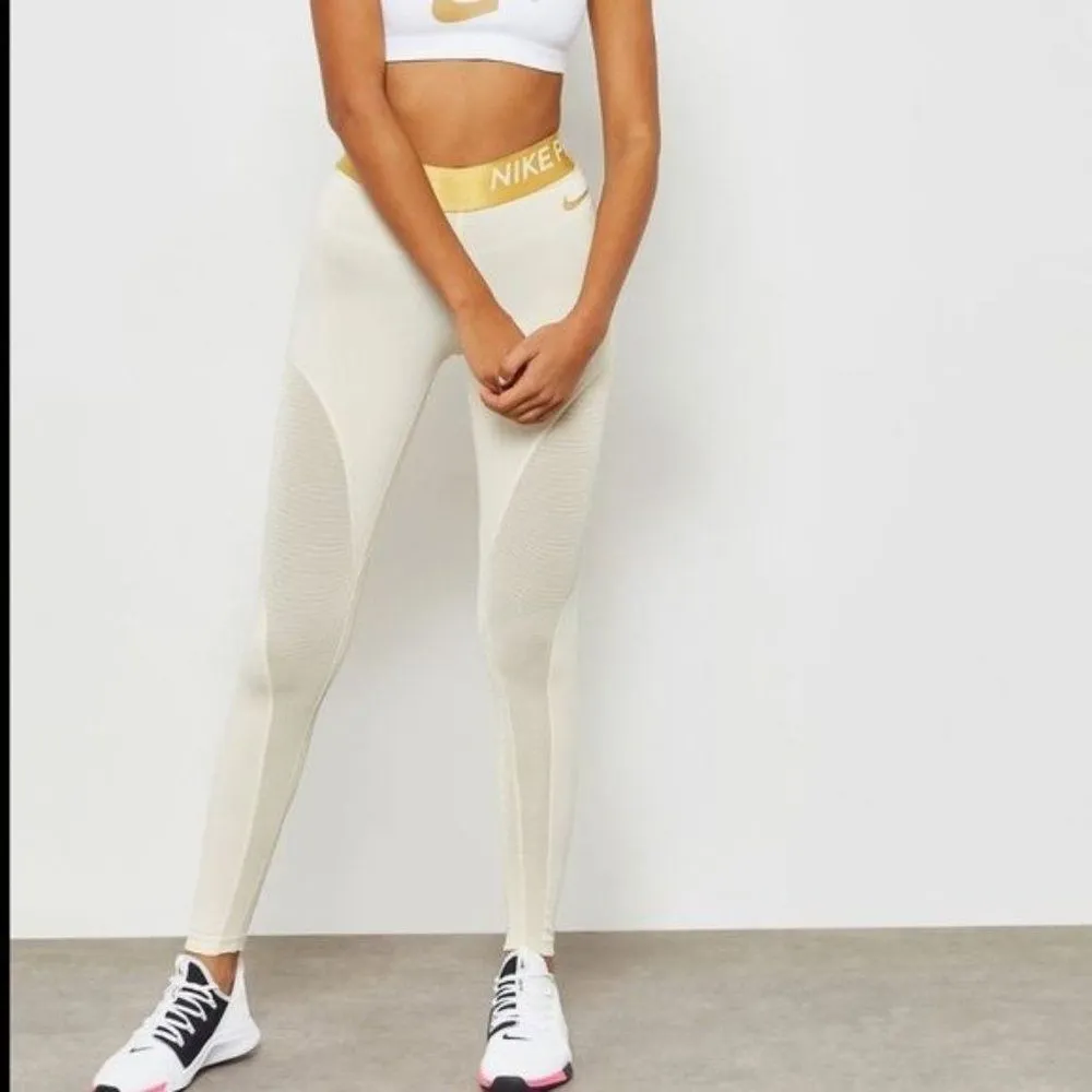 Nike PRO Warm Dri Fit Fleece Lined 7/8 Gold Cream Athletic Leggings - Image 33