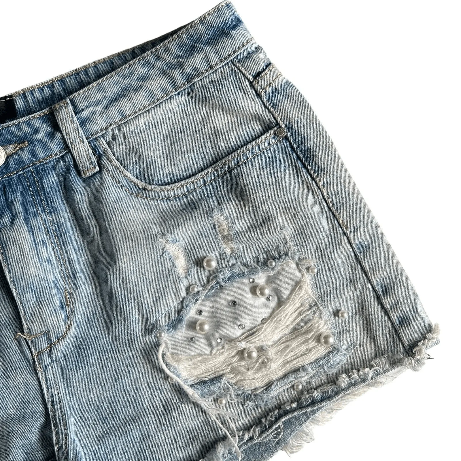 Girls on Film Denim Jean Shorts Distressed Cut Off Pearls Size 8 Blue - Image 4