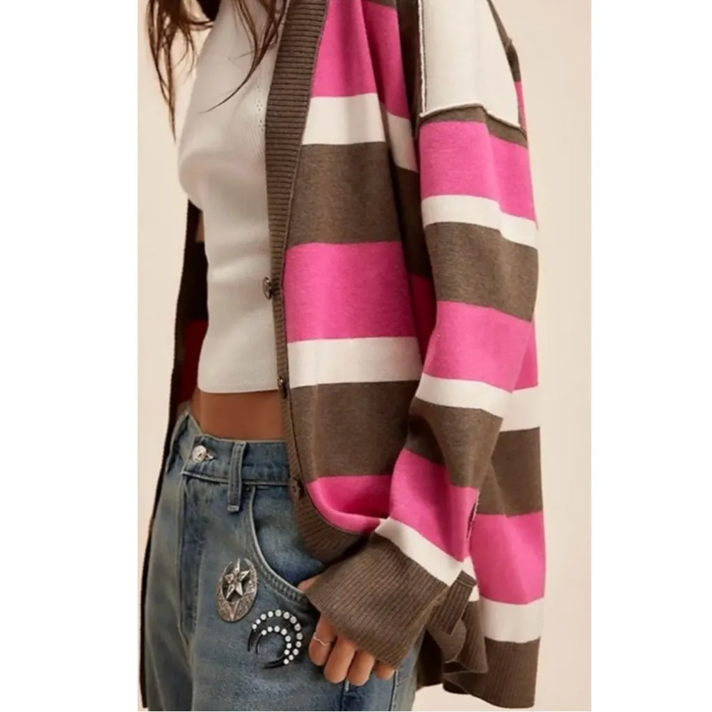 Free People Oversized League Of Her Own Striped Cardigan Sweater Preppy Large - Image 6