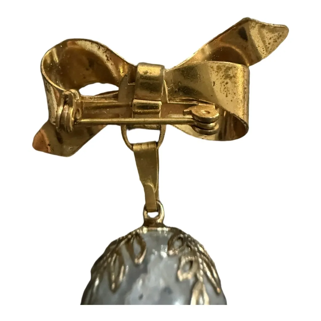 Vintage Gold Tone Bow Brooch Dangle Crystal Ball Pin Etched Glass - Image 4