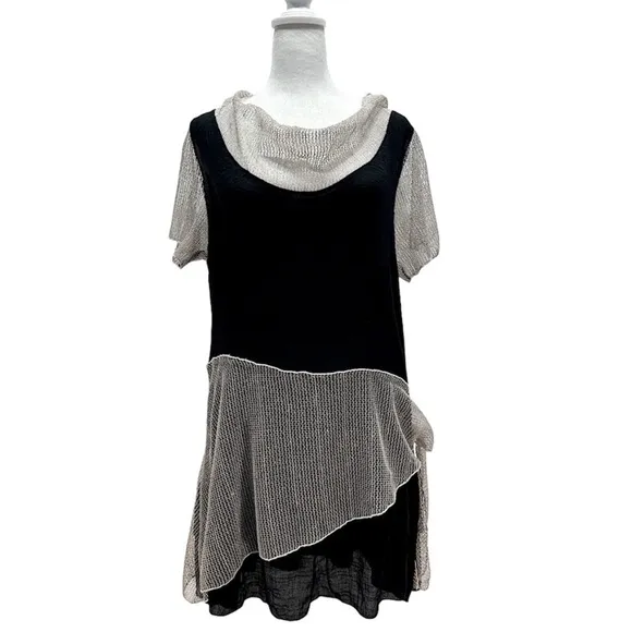 Black Crepe Tunic w Ruffles & Sequined Beige Mesh Accents by Firmiana Lily XL - Image 2