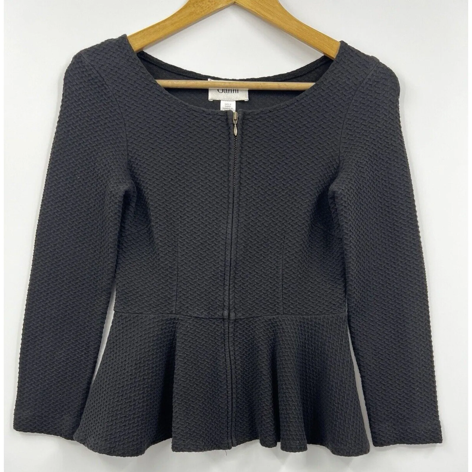 Ganni Blouse Womens Peplum Full Zip Front Ponte Ruffle Top Black XS‎ - Image 1