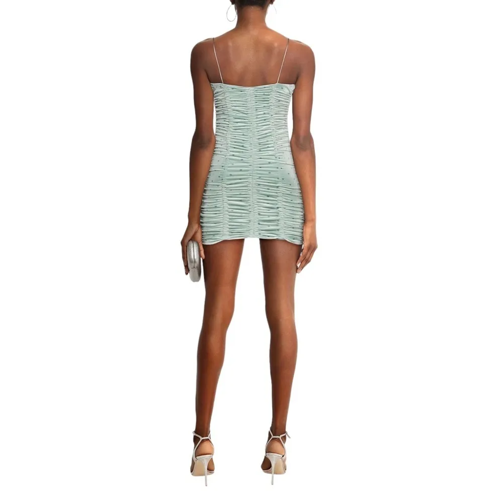 NWT Rotate Birger Christensen Aria Ruched Polkadot Velvet Mini Dress in BlueSurf Green Size 6 - Image 2