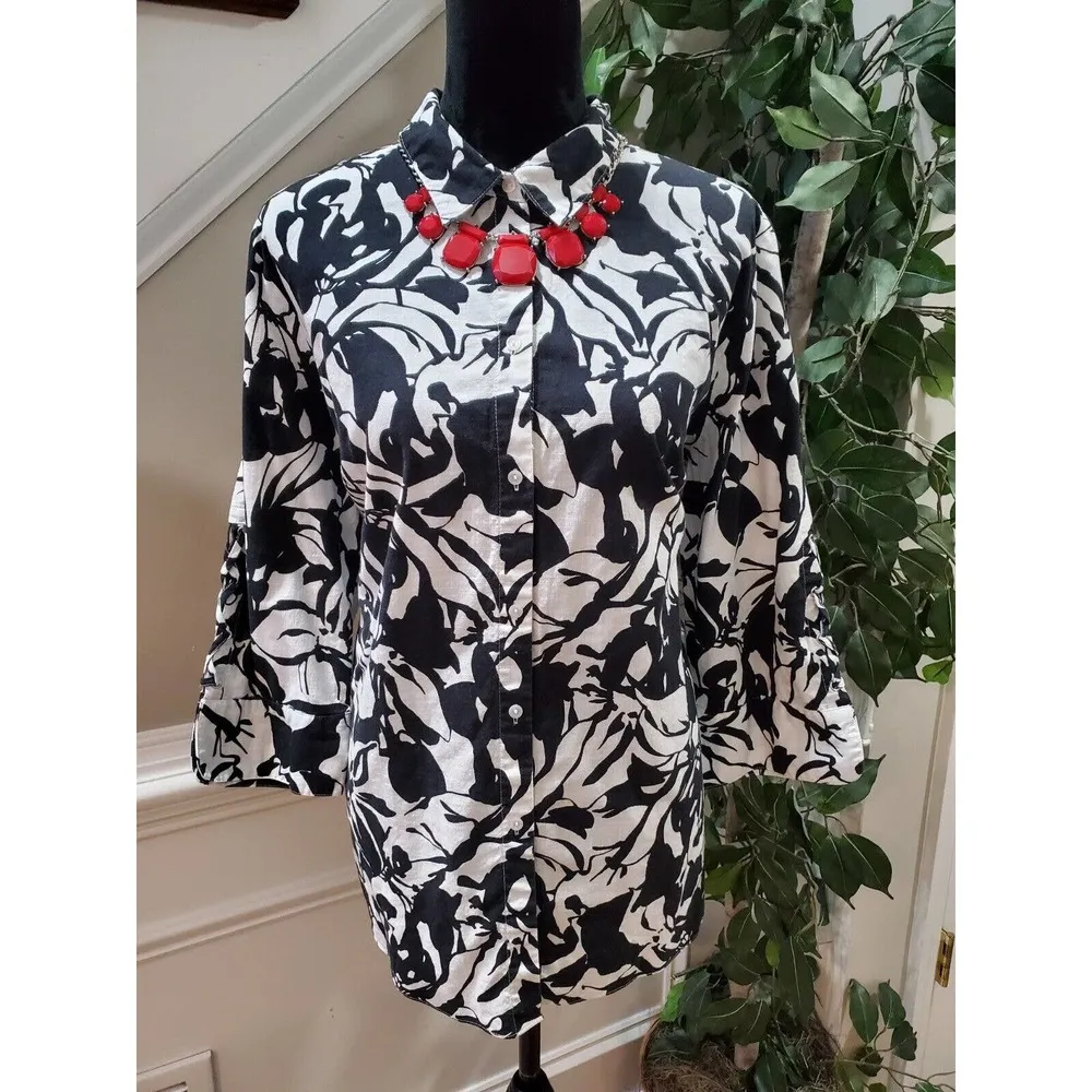 East 5th Women's Black & White Cotton Collared Long Sleeve Button Down Shirt 2XL - Image 10
