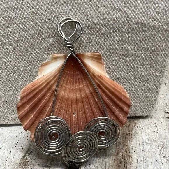 Handmade Wire Wrapped Seashell Pendant Boho Ocean Coastal Necklace Charm 2.5" Silver - Image 2
