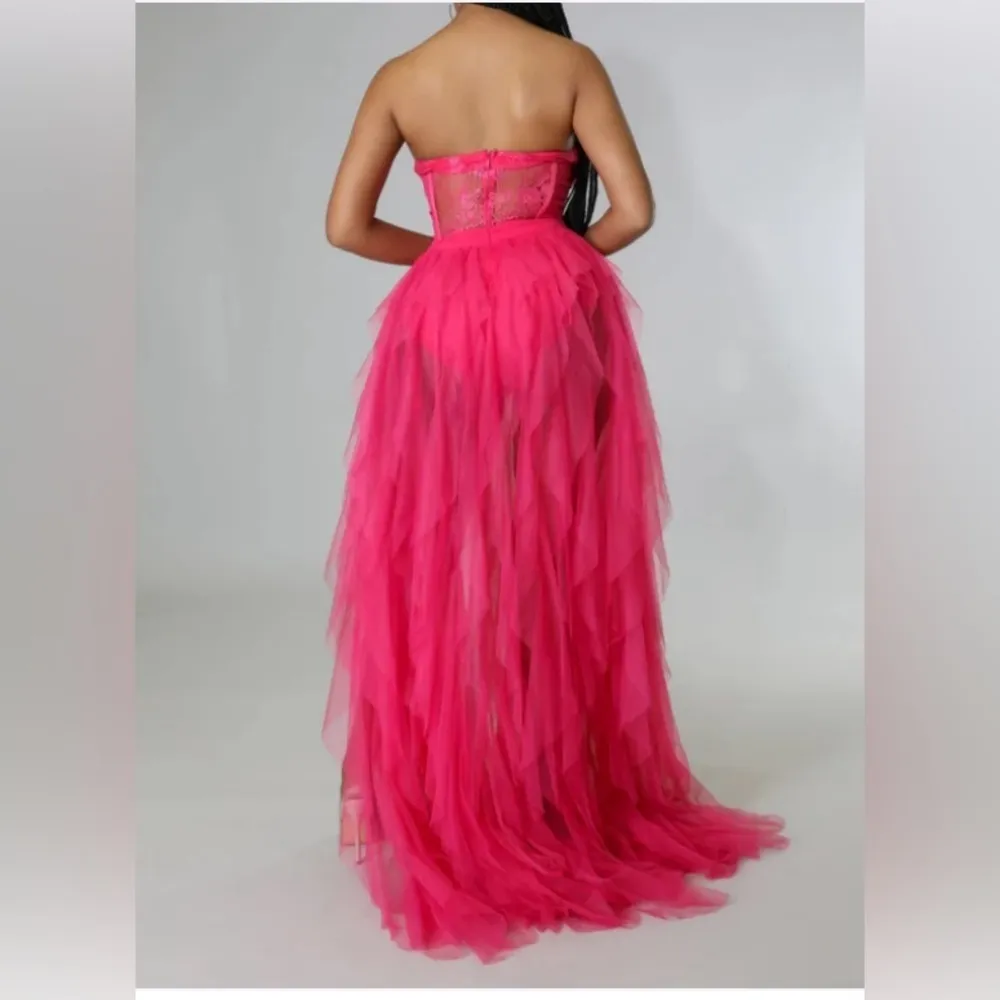 Bustier Gown Sleeveless Tulle Maxi Dress Sz L Pink Size L - Image 11