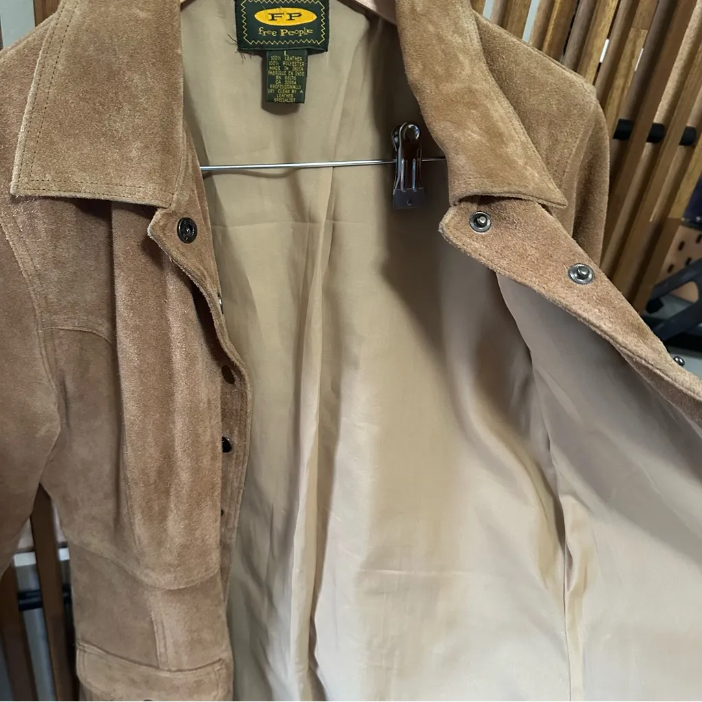 Free People VTG Camel Suede Snap Button Long Trench Jacket Boho Western Large - Image 13