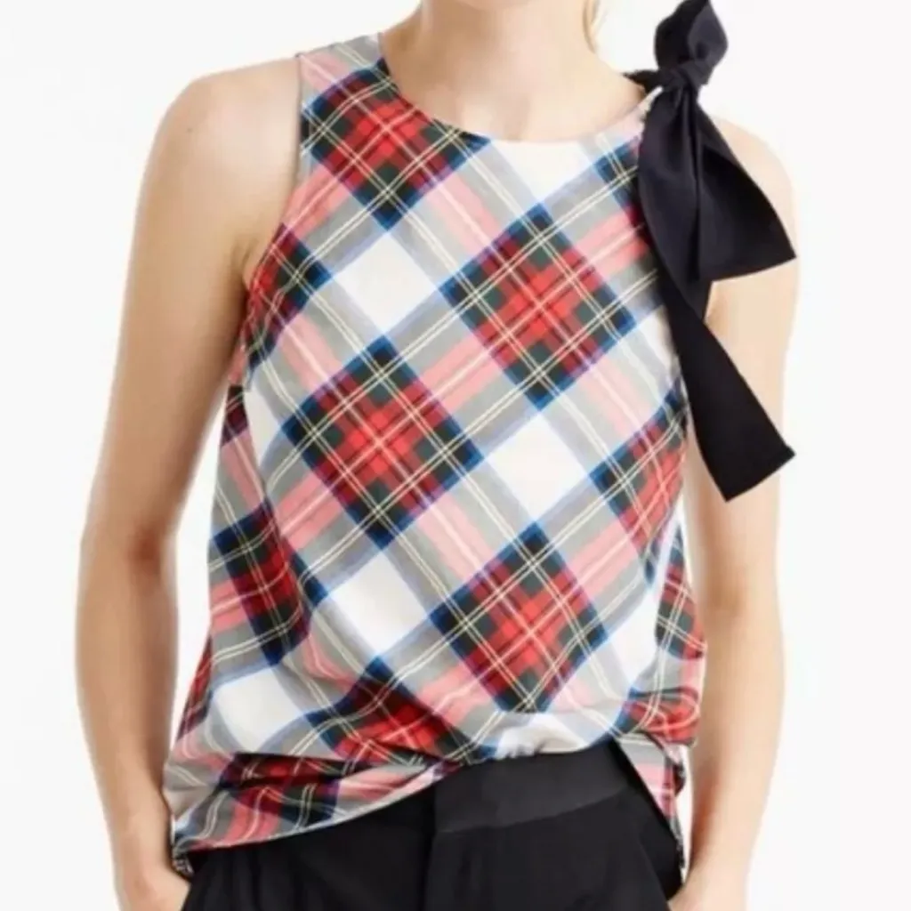 J Crew Red White Black Plaid Sleeveless Shoulder Bow Tie A Line Cotton Blouse 0 - Image 10