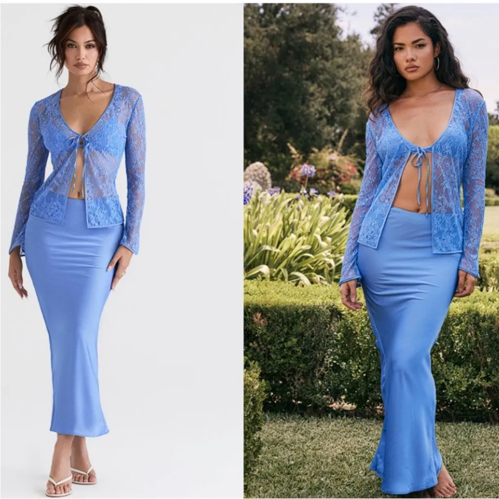 HOUSE OF CB 'Clara' Blue Satin Bias Cut Midi Skirt‎ NWOT Size S - Image 2