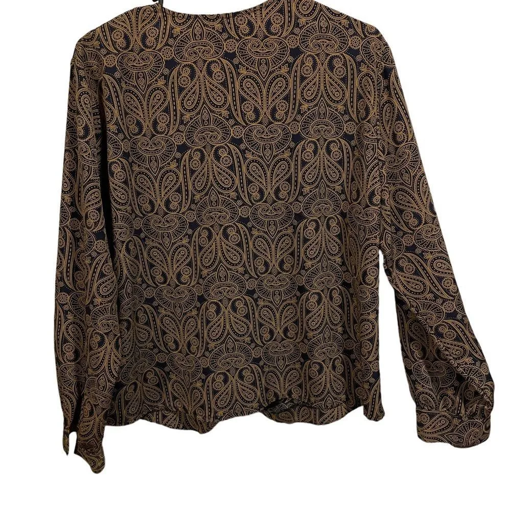 Notations Vintage Gold Blue Hippie Eclectic Paisley Psychedelic Button Up Blouse - Image 4