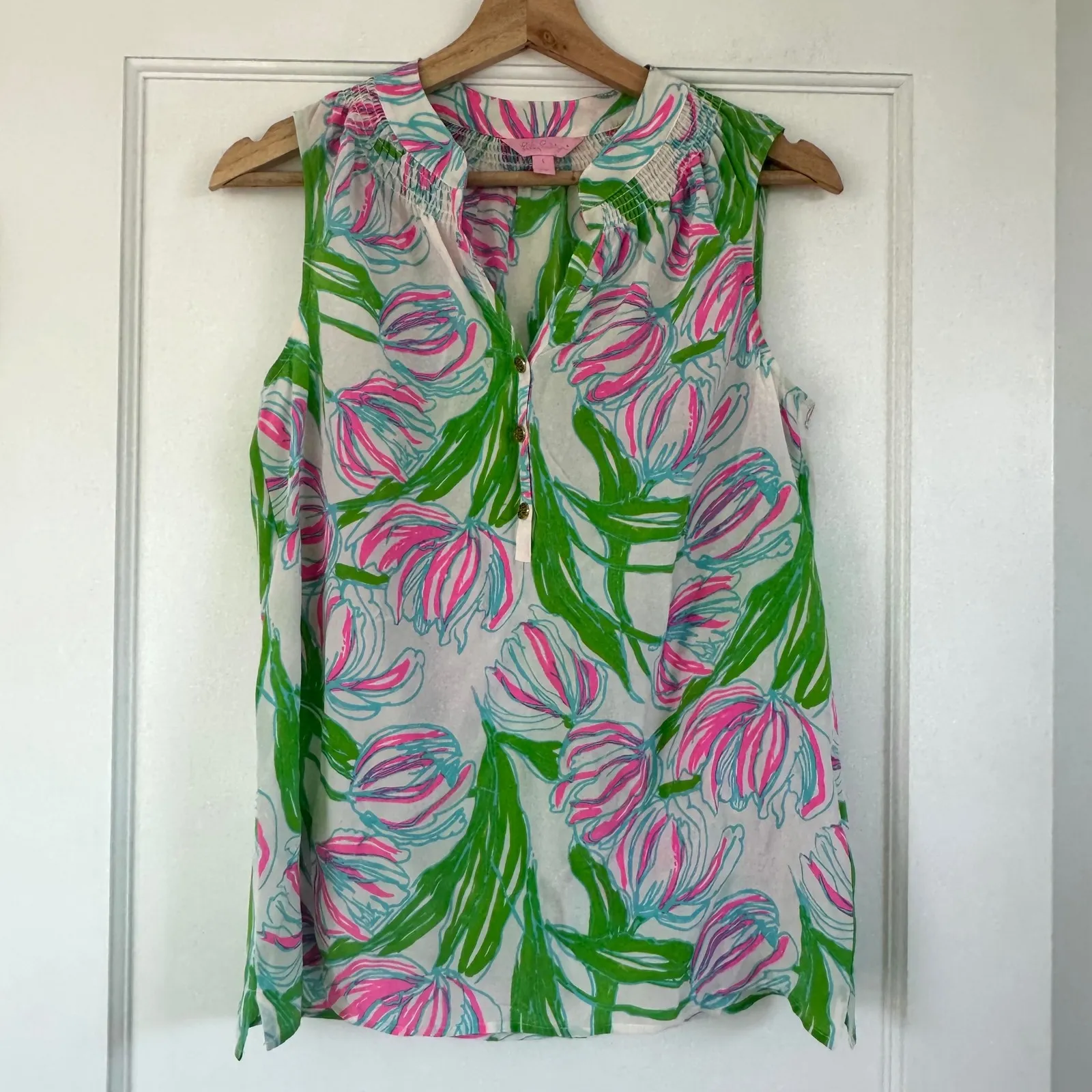 Lilly Pulitzer Houston Top Ring the Bellboy Silk Sleevless Tulips Pink Green S‎ - Image 2