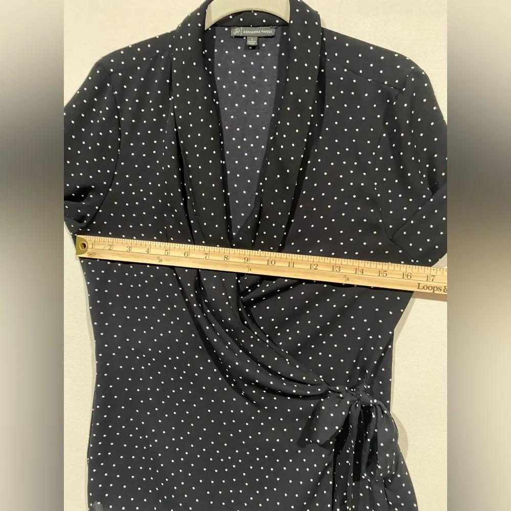 Adrianna Pappell polka dot navy blue wrap blouse SMALL lightweight long sleeve - Image 12