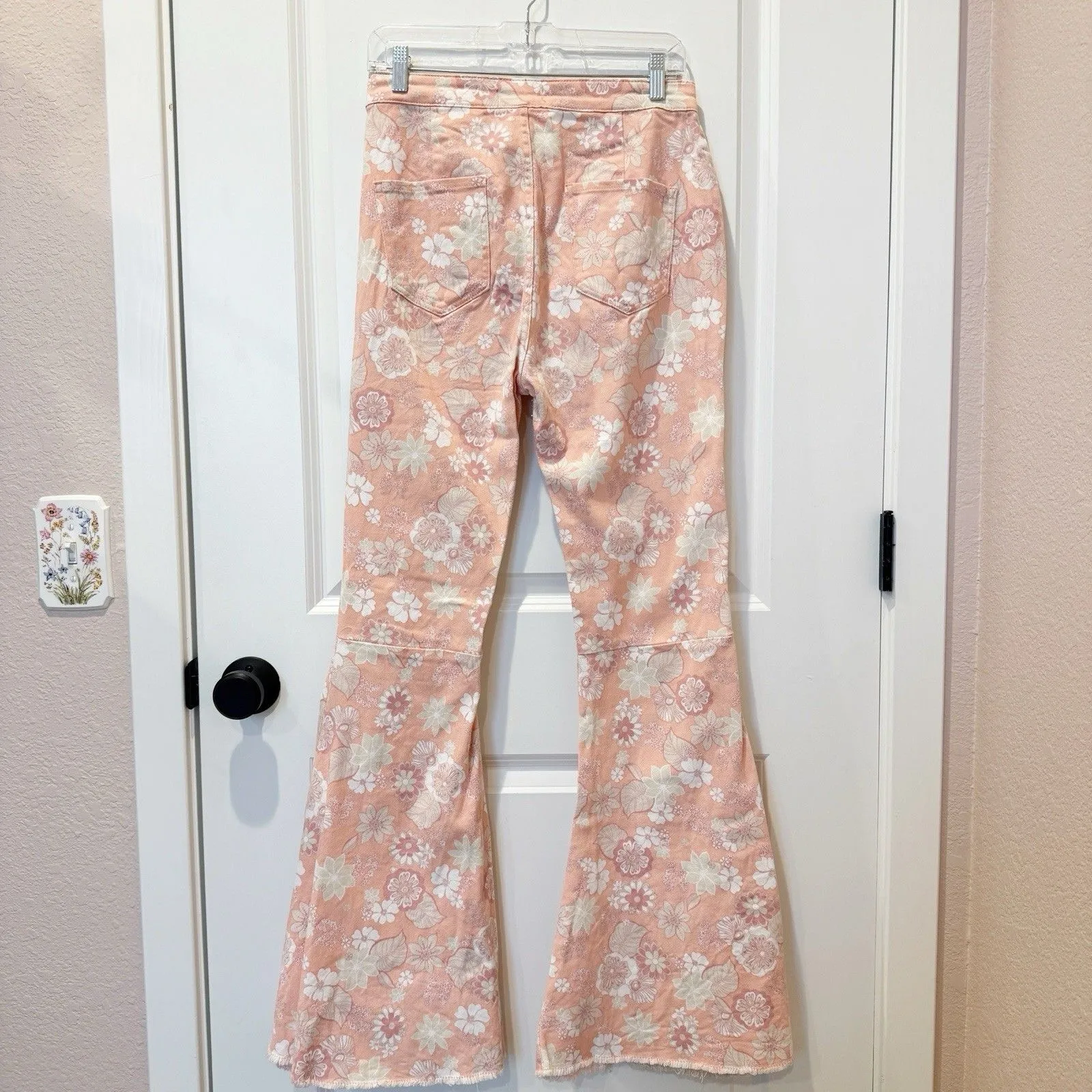 Womens Floral Groovy Bell Bottom Flare Jeans Size Large Hippie 70s Festival Boho - Image 5