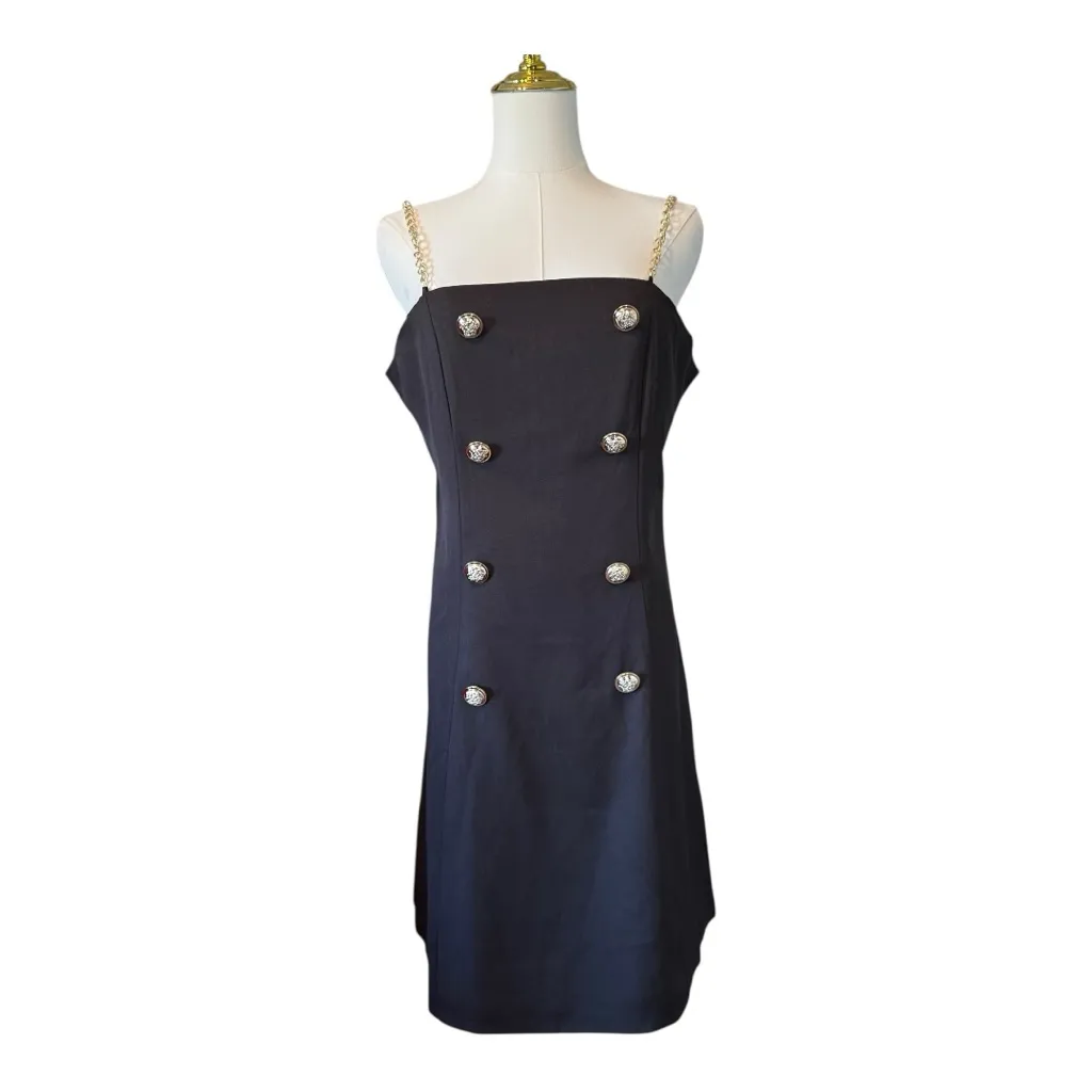 Evening Black Mini Spaghetti Strap Chain Double Breasted Gold Button Dress Large - Image 2