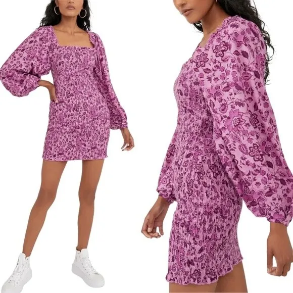 NWT Free People Mini Dress Long Sleeved Bodycon Floral Purple Magenta Size Small - Image 14