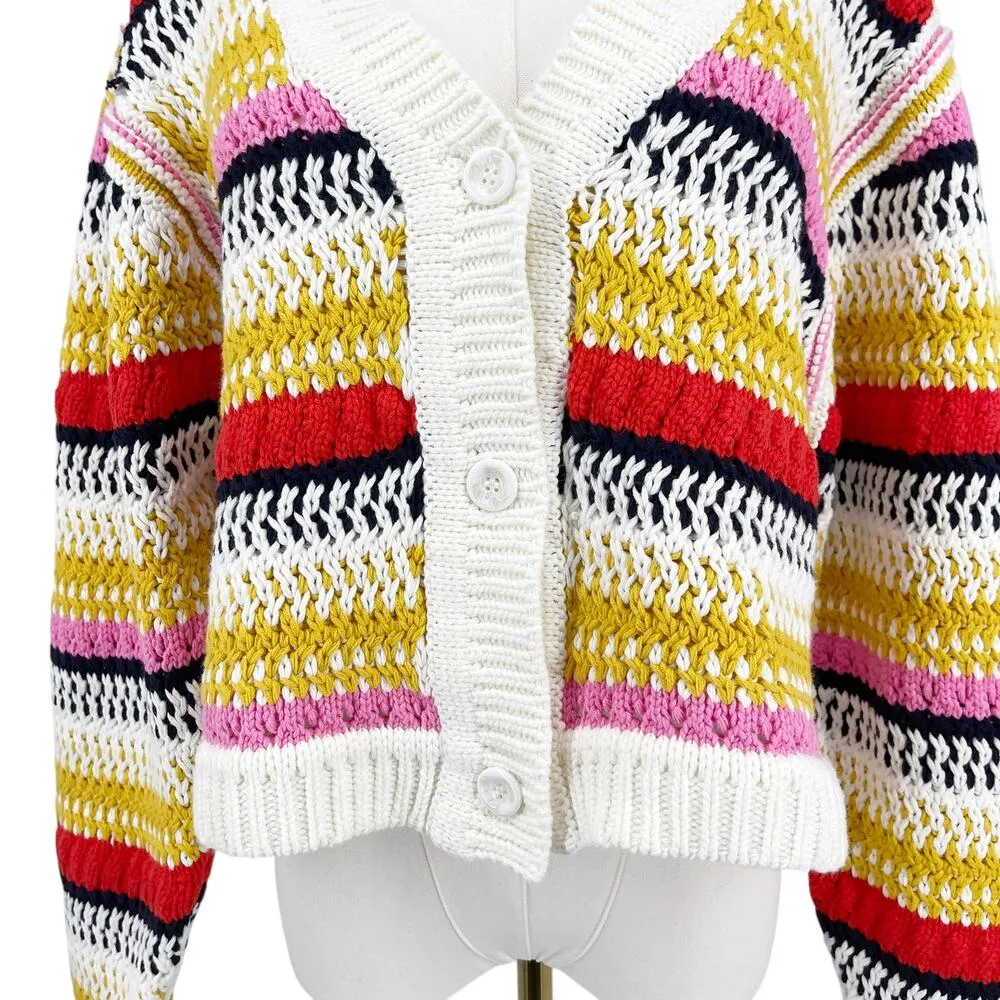 DeLuc Ayden Chunky Knit Crop Cardigan Sweater Striped Size Large Yellow - Image 8
