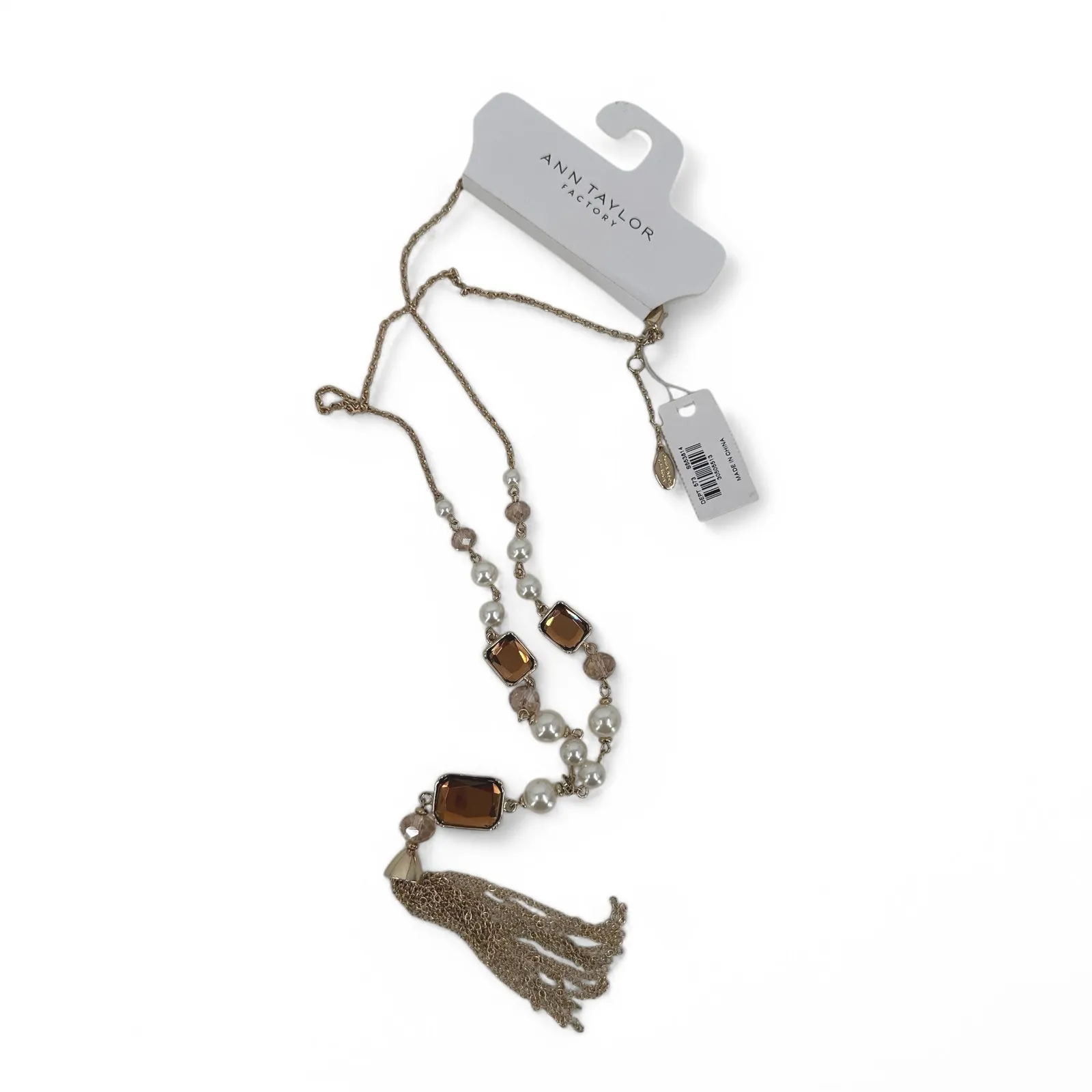 Ann Taylor Factory Tassel Necklace Goldtone Long Y Rhinestone Simulated Pearl - Image 4