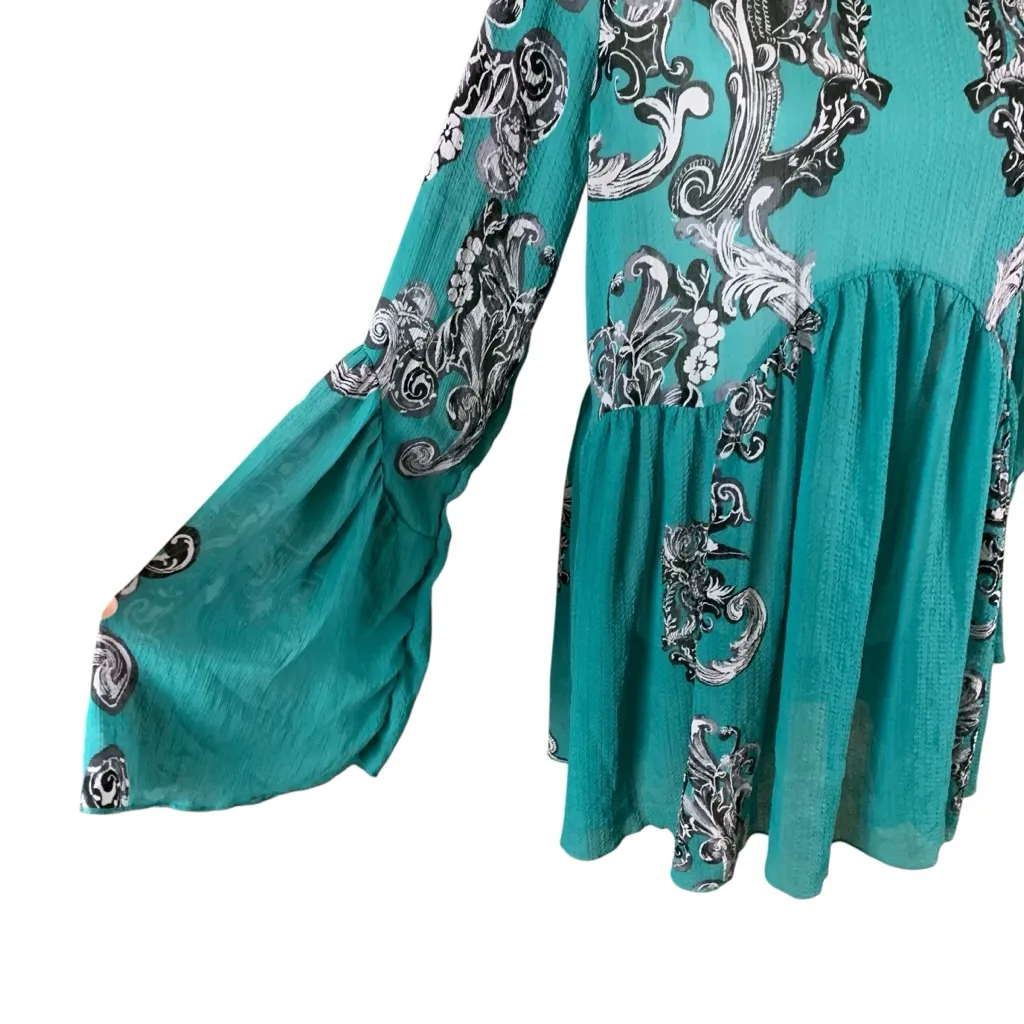 Free People Intimately Teal Boho Tunic Dress Small Flowy Baroque Print Sheer - Image 2