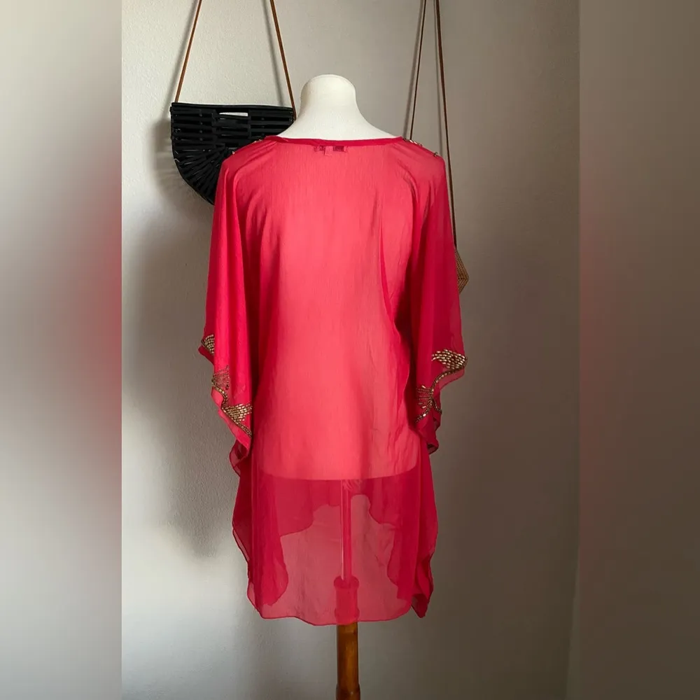 MIRA Dark Pink Swim Cover Large Sheer Beaded Neckline, Size Medium Red - Image 4