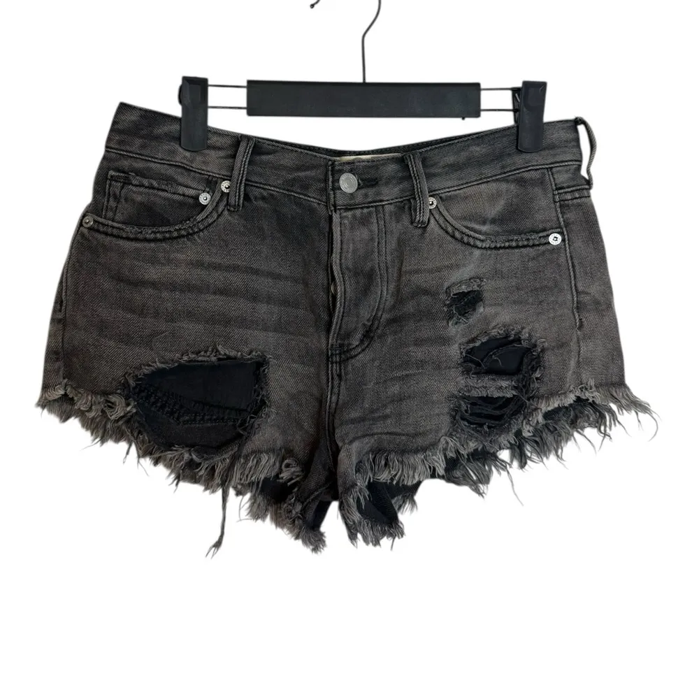 Free People Loving Good Vibrations Distressed Cut Off Black Denim Shorts - Image 2