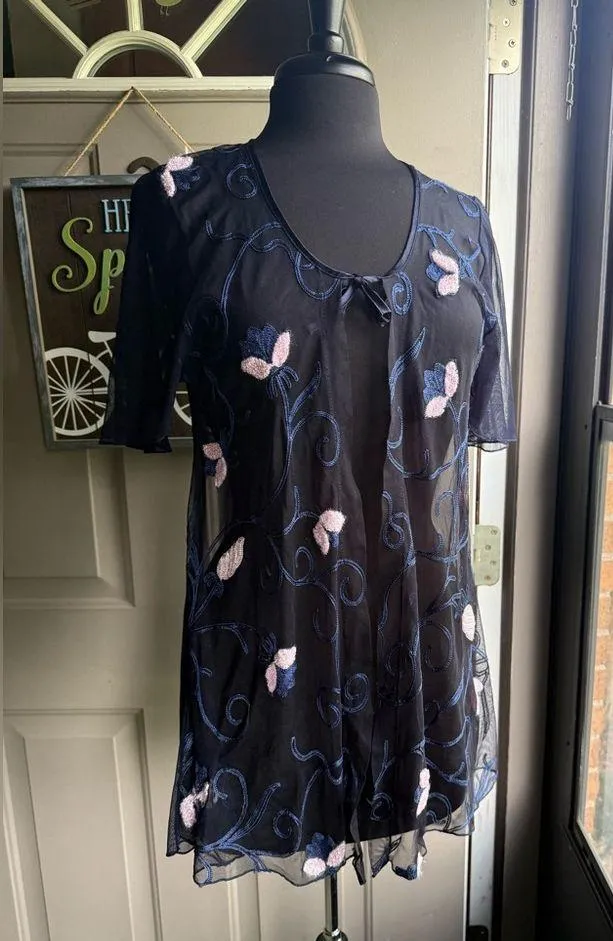 Vintage Bon Bon Lingerie sheer floral embroidered tie neck tunic top, free size Blue Size undefined - Image 2