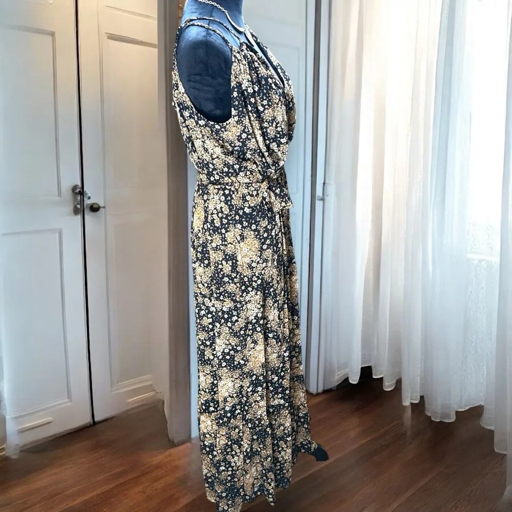 Rebecca B. Floral Maxi Dress Women's Size 10 Black Tan Boho Sleeveless Wrap‎ - Image 6