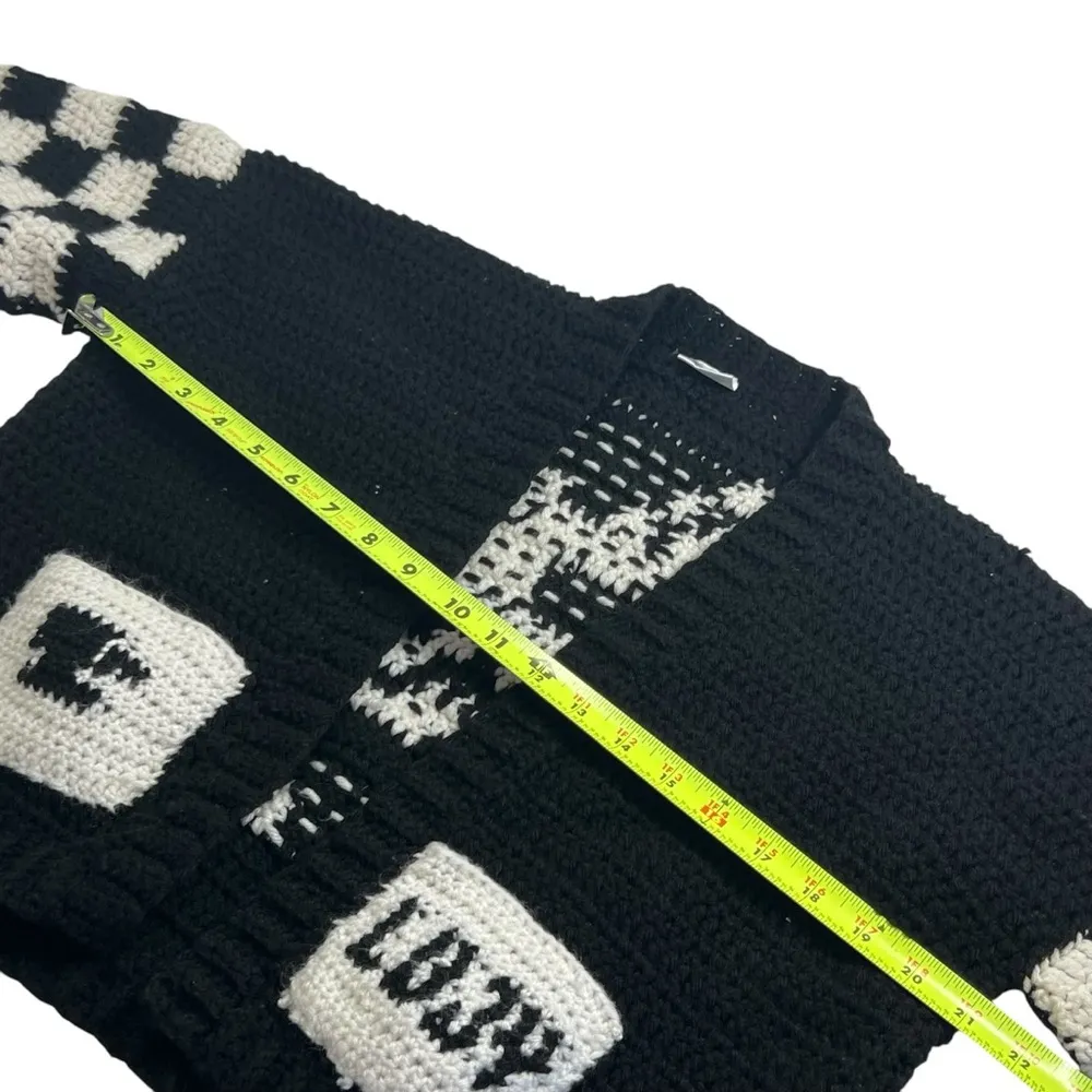 Hand Crochet Chunky Knit Checkered Sleeve Crop Cat Cardigan - Image 5