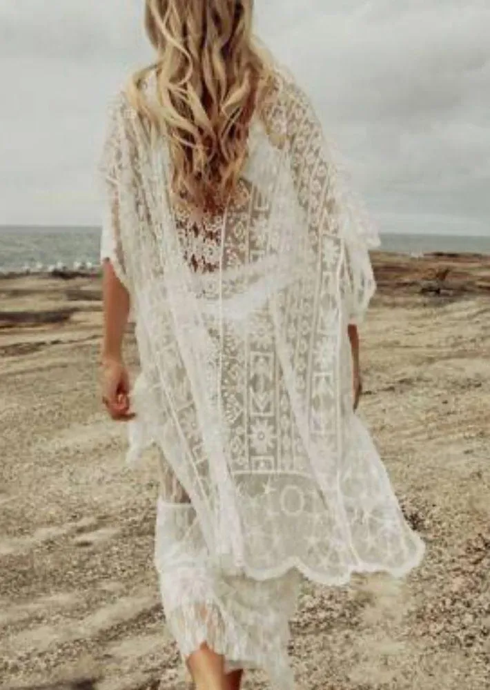 NWT Dizzy Lizzy Women's Sheer Lace Cream Embroidered Mesh Flyaway Kimono White Size L - Image 12