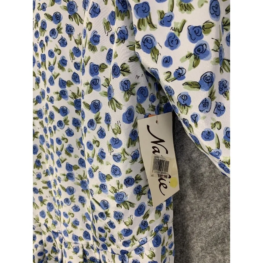 Vintage 90s Y2K Grunge Floral Dress Short Sleeve Poly Blue White Cottagecore 8 - Image 6